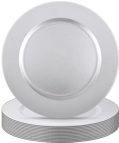 Tanlade 12 Pcs 13 Inch Charger Plates Bulk Round Wedding Chargers Plastic Dinner Plates for Table Setting Wedding Party Decoration (Silver White)