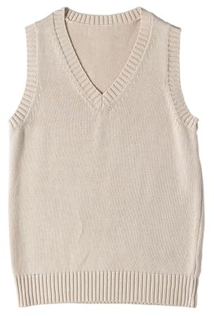 ZUEVI Women's Sweater Vest Classic V Neck Uniform Pullover Knitwear Tops Sleeveless Knitted Sweaters Vests(Apricot-L)