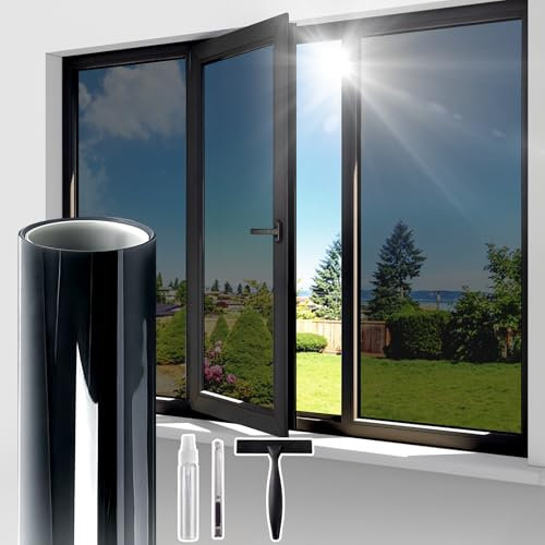 Lifetree One Way Clear Window Film Privacy: Heat Reflective Mirror Window Film for Glass Windows Daytime Anti Glare with Adhesive, UV Window Tint Film Sun Blocker for Home Office (Black, 44.5 * 200cm)