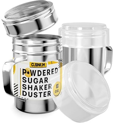 CUSINIUM 6 Ounce Mini Powder Sugar Shaker With Handle - Fine Mesh - With Plastic Cap - Pack of 2