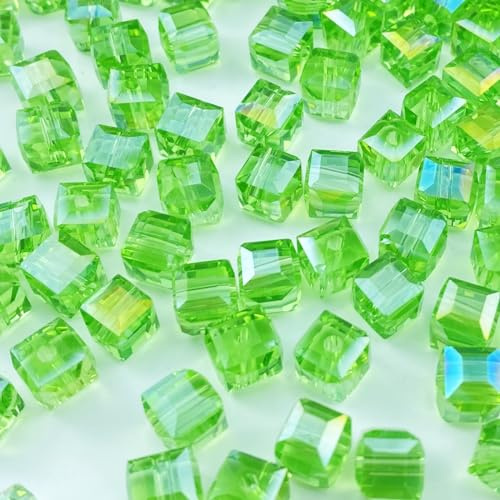 Xinhongo Crystal Glass Beads 100 Pieces 8mm Cube Crystal Glass Beads Faceted Square Shape Spacer Beads for Jewelry Making Bracelet Earring Necklace DIY Craft Making Supplies(Light Green AB)