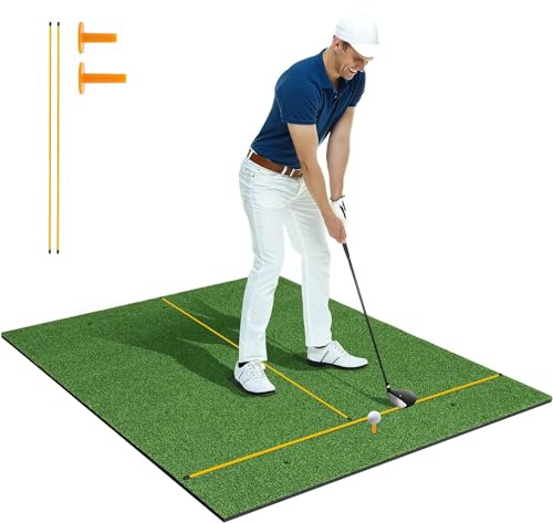 COSTWAY Golf Hitting Mat, 5 x 4 FT Artificial Turf Mat with 2 Rubber Tees and 2 Alignment Sticks, Golf Training Mat for Home Backyard Garage(20mm thick)