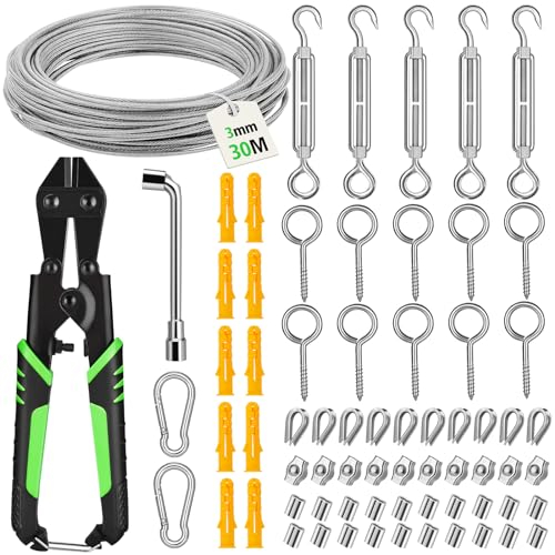 Besdiyart 70pcs Wire Rope Kit, 30m/3mm Garden Wire For Climbing Plants, 304 Stainless Steel Cable with Rope Cutter, M5 Turnbuckles Tensioner for picture hanging,Outdoor String Lights Hanging,Tent Rope