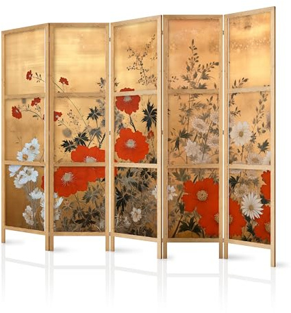 murando - Paravent Raumteiler Holz Botanik Abstrakt, 225x172 cm, 5-teilig | Mobiler Sichtschutz, sofort einsatzbereit, Holzrahmen, ideal fürs Wohnzimmer oder Büro, geruchsneutral, lichtbeständig