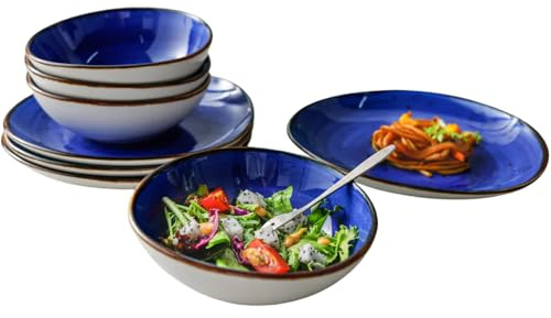 Kadum Potosi 8-teiliges Geschirrset für 4 Personen | Speiseteller Keramikteller hochwertige Keramik Bowls Saladbowls | 4x Frühstücksteller Ø 21,0 cm & 4x Salatbowl Ø 15,0 cm (Blau)
