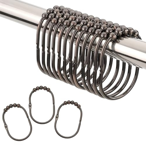 TopAAA Wide Shower Curtain Rings/Hooks Set, Easy Glide Rollers, 100% Rustproof Stainless Iron Shower Rings for Curtain Shower Rod Bathroom, Set of 12 (Oval Shape - Oil Rubber Bronze)