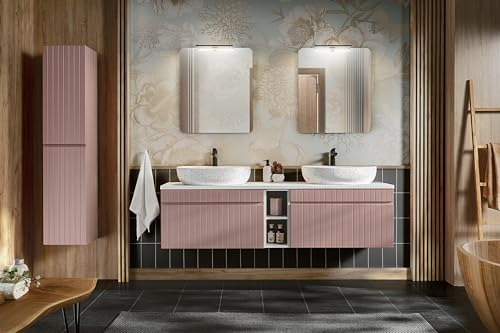 Muebles Slavic Meuble de salle de bain moderne à suspendre avec 2 lavabos + tiroir sur pied étagères Rose 180 cm