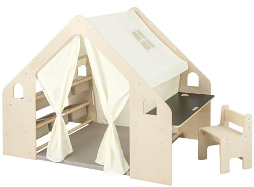 Maxmass 6-in-1 Kids Play Tent, Large Toddler Play House with Desk Table, Chair, Padded Mat, Blackboard, Storage Bin, Wooden Children Tent for 3-6 Years Old Boy Girls (145 x 98 x 113 cm)