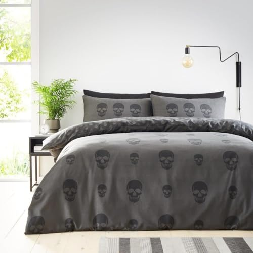 GC GAVENO CAVAILIA Reversible Skull Bedding Double Bed Set, Halloween Duvet Cover (200x200 cm, Skeleton Head Printed Bed Quilt Cover Set, Charcoal