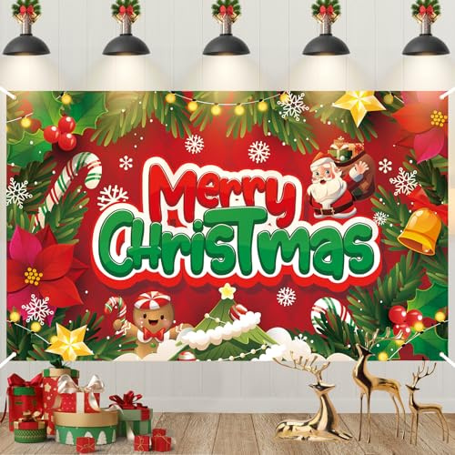 Cartel de Feliz Navidad, telón de fondo grande de Navidad, bonito Papá Noel, hombre de jengibre, pancarta de Navidad para cabina de fotos, pancarta colgante de tela para decoración de Navidad en