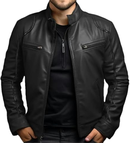 GaoLeAve Frühling Sommer Herrenbekleidung Lederjacke Herren Stehkragen Punk Ledermantel Herren Frühling und Herbst Lederjacke Black L