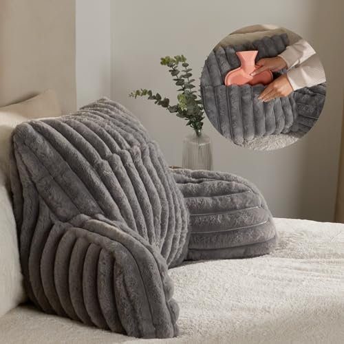 OHS Gaming Cushion for Bed, Ribbed Faux Fur Back Support Cushions with Heatable Pocket Soft Cosy Snuggle Cushion with Arms Bed Seat Pillow for Relaxing Working, Grey