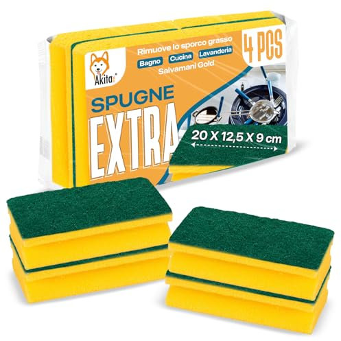 Akitaink 4 Spugne XXL Antibatteriche per Bagno e Cucina – 20x12,5x9 cm, Spugna Soft XXL ottima per la pulizia del Bagno, Assorbenti, Salvaunghie, Extra Resistenti