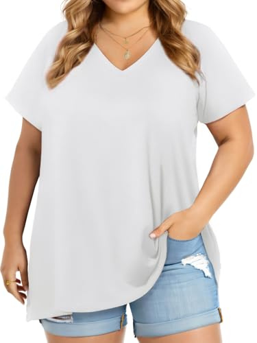 Tops de talla grande para mujer de verano de manga corta T camisa oversize cuello V blusas, Blanco, 3XL