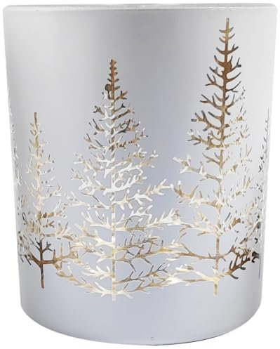 PuntoCasaStore Bicchiere Vetro Bianco Porta tealight Disegno Bosco 7x7x8 cm Decorazione Idea Regalo Natale 2024