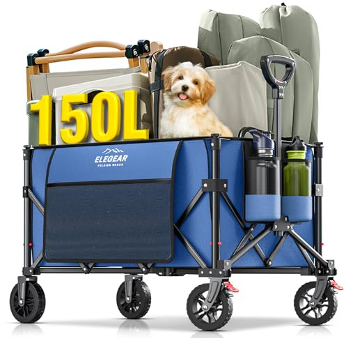 Elegear Carro de Playa Plegable con Ruedas 150L, Carro de Jardín Plegable con asa Ajustable y Portavasos, Carrito Transporte Plegable para Camping Compras Deportes, Azul