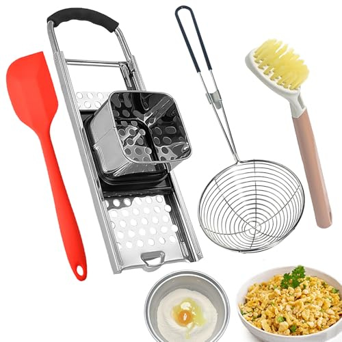 Mlesi Premium Grade Stainless Steel Spaetzle Maker with Anti-slip Rubber Handle, Spider Strainer Skimmer, Silicone Scraper and Plastic Brush, Homemade German Egg Noodle Dumpling Making Tool Set