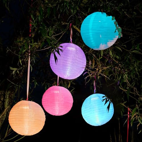 Hellum Lampions außen wetterfest Batterie 5er Set, Lampions bunt mit Fernbedienung 2x Ø25cm 3x Ø20cm, Lampions outdoor mit bunten LEDs, verschiedene Funktionen, Laternen für draußen für Garten 150964
