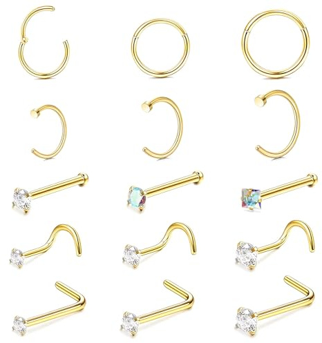 Spetsbst 15 stk Nasenpiercing Ring, 18G/20G Nasenring Gold 316L Chirurgenstahl Nostril Piercing Ring, Nostril Septum Piercing Ring Knorpelohrring Lippenring für Damen Männer