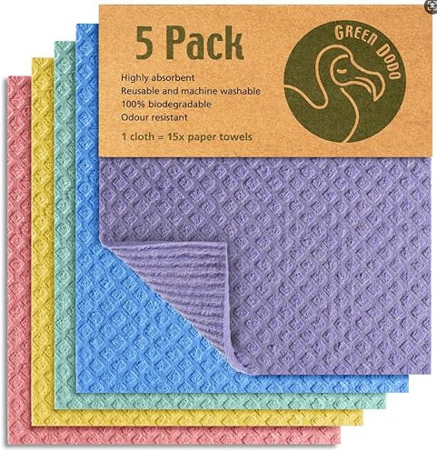 Swedish Dishcloth 5 Pack - Eco-Friendly, Biodegradable & Sustainable Kitchen Sponge Alternative - Absorbent, Odor-Free & Reusable Bamboo Waffle Weave Dish Cloths - Multicolor