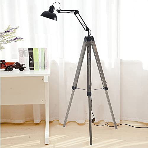 DUIRHNFV Lampadaire trépied en Bois, lampadaires rotatifs industriels avec Interrupteur à Pied E27 Lampe sur Pied réglable en Hauteur pour Salon Salle à Manger décoratif