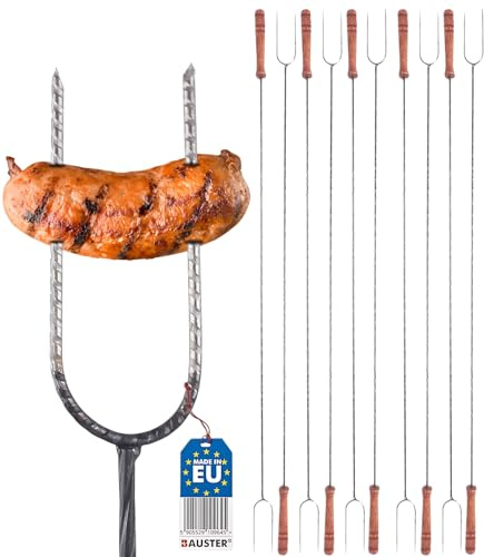 BAUSTER® Grillgabeln 10er Set – Lagerfeuer Spieße mit Holzgriff & schwarzem Stahl – 100 cm – für Würstchen, Stockbrot, Marshmallows