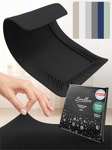 Samthus Jersey Spannbettlaken 140x200cm Oeko-Tex Made In Green - Schwarz | Bettlaken Spannbetttuch aus 100% gekämmter Baumwolle - auf Hautverträglichkeit getestet - Bezug für Matratzen 15-25cm