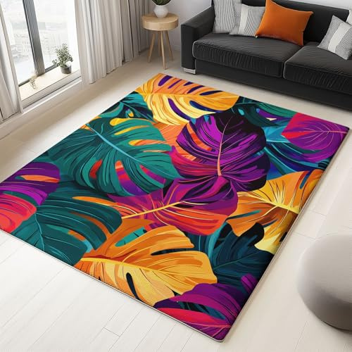 Générique Tapis Moelleux Lavable en Machine 60 x 90 cm Style Moderne Feuilles Tropicales Moquette Descente de Lit, Tapis à Poils Courts Multicolore pour Salon Chambre à Coucher Salon