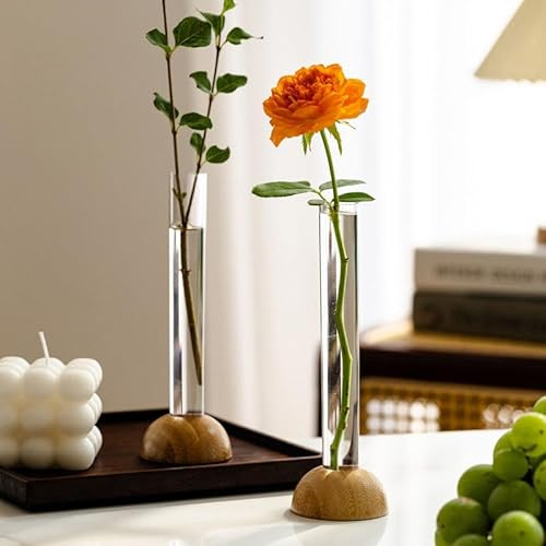 Clear Narrow Neck Test Tube Vase – Simple Glass Design for Desktop Flower Arrangements – Elegant Small Vase for Living Room & Home Decor All Seasons (Acrylic Test Tube + Bamboo Stand,4)