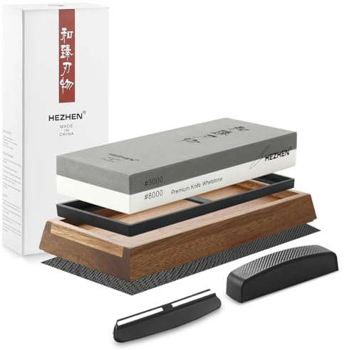 HEZHEN Pierre à Aiguiser Grande, Professionnel Aiguiseur de Couteau en Corindon Blanc, Double Face Grain 3000/8000, avec Base en Bois d'Acacia Antidérapante, Guide d'Angle, Pierre à Aplanir