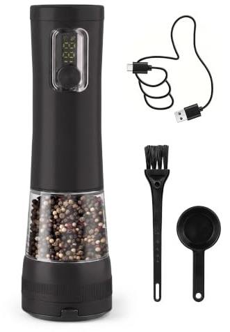 Electric Salt and Pepper Grinder Set,2 Pack Rechargeable Automatic(Black-A) | Pepper Mill, with Charging Base,5-Level, Display, LED Lighting,Large Capacity, Kitchen Gifts