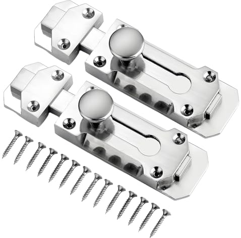 COZERI Lot de 2 verrous de porte coulissante – Acier chromé poli, serrure de chambre coulissante lisse, boulons de sécurité pour portes intérieures, pour salles de bains/placards/armoires, avec vis de