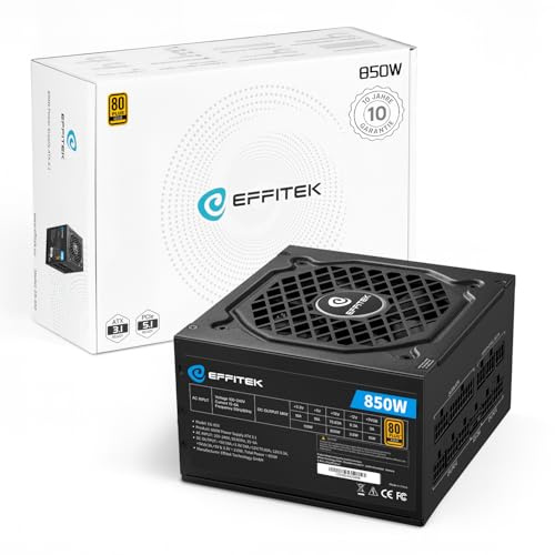EFFITEK 850 Watt Computer Vollmodular ATX 3.1 PC 12V Netzteil 80 Plus Gold | PC Gaming Netzteil ATX 3.1 & PCIe 5.1 Modular PSU für PC Gehäuse ATX, Power Supply, 12V Netzteil, 12V 2x6 Kabel GPU, 80+ Gold