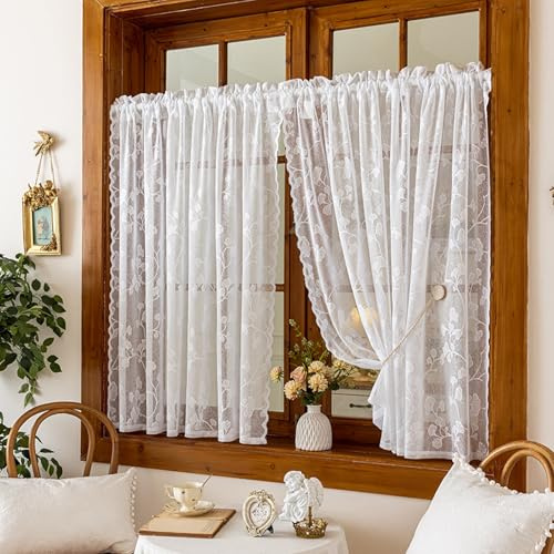 Tolldek Scheibengardinen Küche Weiß Bistrogardine Modern Gardinen Kurz Lichtdurchlässig Spitze Küchengardinen für Kleine Fenster Wohnmobil Küchenfenster 2er Set H45 B140cm