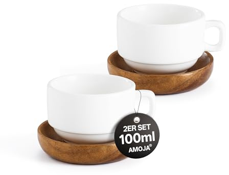 AMOJA 2er Set Espressotassen mit Untertassen – Weiß, 100ml Dickwandige Keramische Kaffeetassen, Lang warm Haltend, Stapelbares Design für Cappuccino & Espresso