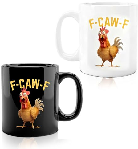 2 Pack Funny Chicken Mug, F Caw F Mug, Funny Mugs, Novelty Mugs with Ergonomic Handle, Rooster Coffee Cup for Men Women, Creative Animal Tea Cup, Farmhouse Home Decor (Schwarz/Weiß)