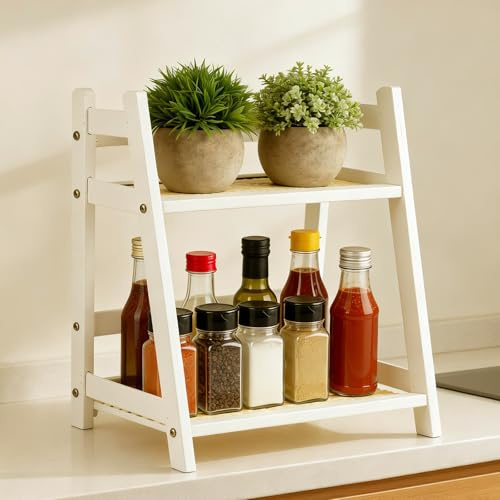 2 nivåer bambu kök arrangör kaffehylla kök, 26 x 18 x 29,5 cm bambur-mugghållare koppställ stående, matcha hylla, kaffehylla, för te, kaffe, bar, muggdisplay, krydda (krämfärgad)