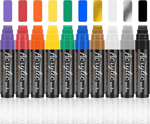 Owelth 10 Farben 15mm Acrylstifte Breit, 3-in-1 Jumbo Acrylfarben Graffiti Stifte Acrylmarker für Steine Wasserfest, Permanent Marker Fein zum Bemalen Holz Glas Karton Blumentopf Straßenkünstler