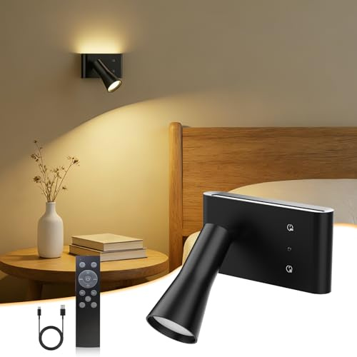 Fuligent Wall Mounted Reading Light, 10000mAh Rechargeable Wall Lights with Remote Control, 3 Colour Temperatures Dimmable Bedside Lamp for Bedroom Living Room, 1 Pack