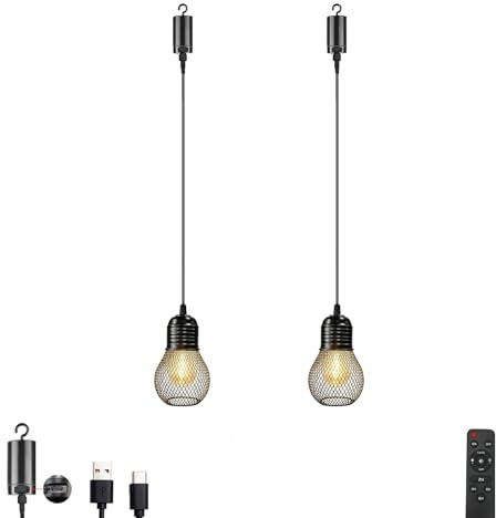 2 Stück Aufladbare Pendelleuchte Akku Hängelampe mit Batterie Fernbedienung | 1200mAh Vintage Hängeleuchte Dimmbar Timer, Schwarz Wetterfest Outdoor Lampe Hängend für Balkon Boho Deko