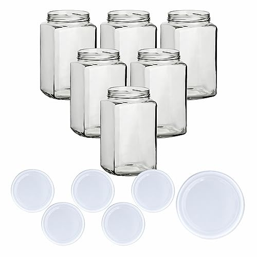 gouveo 6er Set Einmachgläser/Vorratsgläser 1700 ml (1,70 l) Einmachglas 1700 ml eckig Twist-Off Schraubverschluss TO 100 weiß, quadratische Aufbewahrungsgläser für Küche & Vorrat