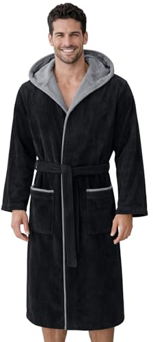 Morgenstern Bademantel Herren Kapuze 100% Baumwolle Frottee OEKO-TEX Velours Morgenmantel Lang Finn Schwarz XXL