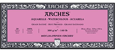 Arches A1795068 Block 20 Blatt Aquarell, Seidenkörnung, Naturweiß, 10 cm x 25 cm, 300 g/m²