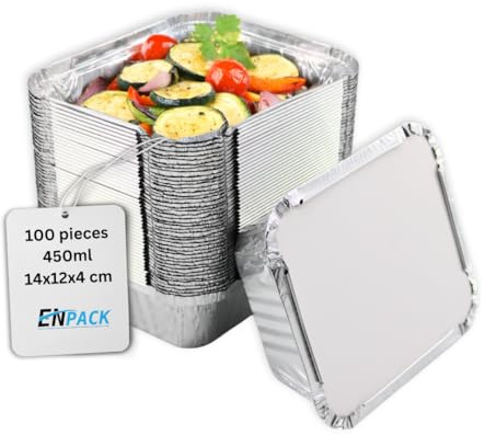 Enpack Aluschale R28L-450L - 100 Stück Aluminiumschalen mit Deckel - Aluminium Menüschale - eckige Alu Form mit 450ml - Aluschalen Take away - Grillschalen - Einwegverpackungen - Einmalbehälter