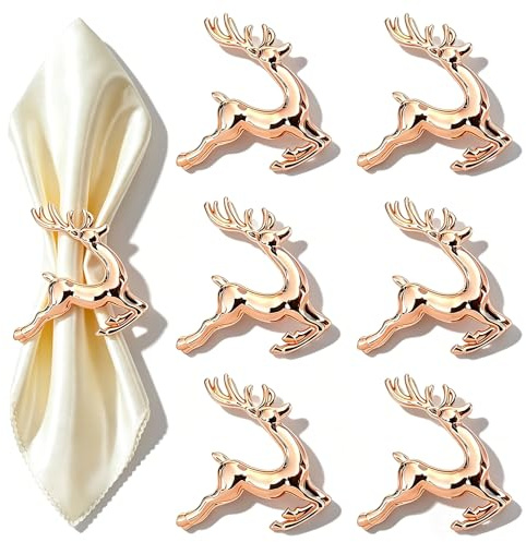 6 Stück Rentier Serviettenschnalle, Serviettenringe Hirsch, Weihnachts Serviettenringe, für Weihnachten Mittagessen Thanksgiving Party Urlaub Hochzeit Tischdekoration. (Rosé Gold)