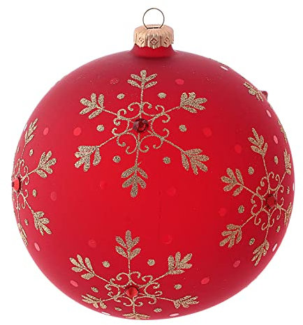 Holyart Weihnachtsbaumkugel aus mundgeblasenem Glas, Grundfarbe Rot, mit Schneekristallen verziert, 150 mm