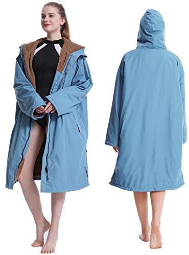 Oksun Waterproof Swim Parka, Windproof Surf Poncho Warm Coat, Recycled Fabric Water Resistent Oversized Sherpa Lining Jacket (Blue)