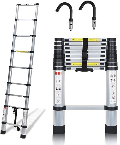 Herrselsam 2,6 m teleskopstege i aluminium, utdragbar stege med 2 avtagbara krokar, multifunktionsstege, teleskop halkfri maximal belastning 150 kg, utdragbar stege multifunktionsstege