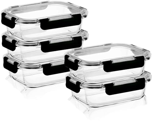 Bewunder Tokyo Mealprep - Contenitore salvafreschezza con 5 contenitori in vetro + 5 coperchi in plastica (nero) | 100% ermetico e igienico | lavabile in lavastoviglie, adatto al microonde