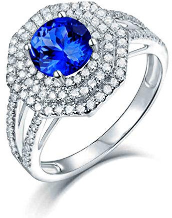 Lieson Hochzeit Ring 750 Weißgold Damen, Verlobungsring Damen Glitzer Rund Tansanit 1.7ct mit Diamant 0.66ct Freundschaftsringe Weißgold Große 60 (19.1)